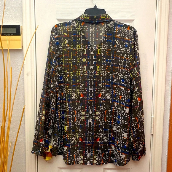 Cabi  Black Flowy Sheer Abstract Design Button-Down Blouse Top Shirt  Size L - Picture 4 of 5